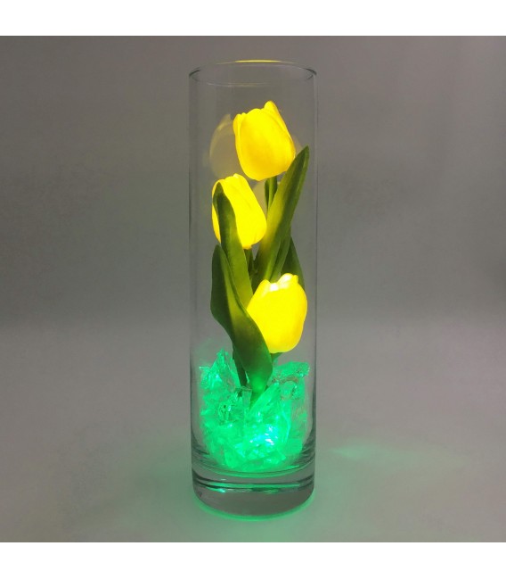 Ночник "Светодиодные цветы" LED Florarium, 3 жёлтых тюльпана с зелёной подсветкой — Купить по низкой цене в интернет-магазине