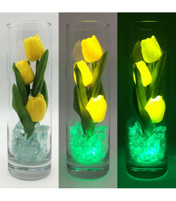 Светильник-цветы LED Florarium (3 жёлтых тюльпана с зелёной подсветкой)