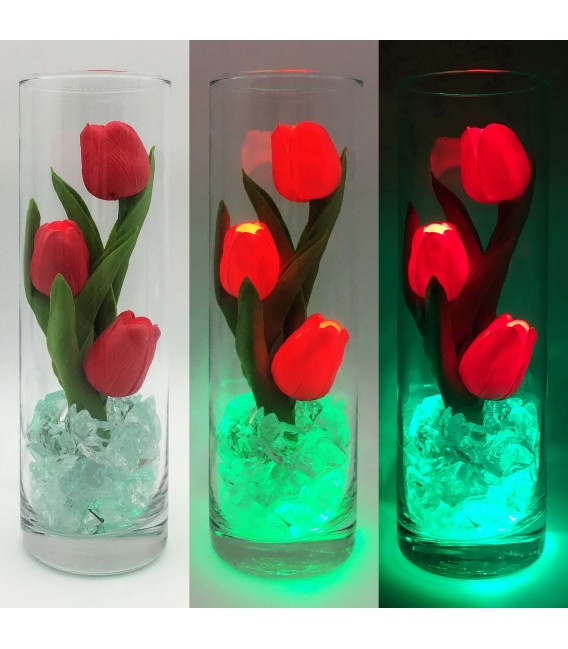 Ночник "Светодиодные цветы" LED Florarium, 3 красных тюльпана с зелёной подсветкой — Купить по низкой цене в интернет-магазине