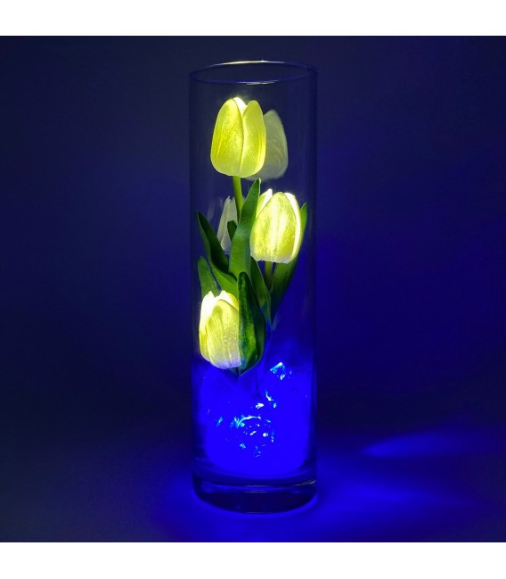 Ночник "Светодиодные цветы" LED Florarium, 3 белых тюльпана с синей подсветкой — Купить по низкой цене в интернет-магазине