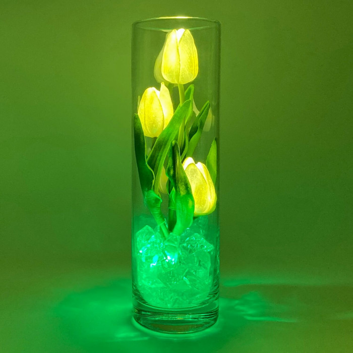 Ночник "Светодиодные цветы" LED Florarium, 3 белых тюльпана с зелёной подсветкой — Купить по низкой цене в интернет-магазине