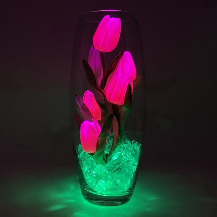 Ночник "Светодиодные цветы" LED Grace, 5 розовых тюльпанов с зелёной подсветкой — Купить по низкой цене в интернет-магазине